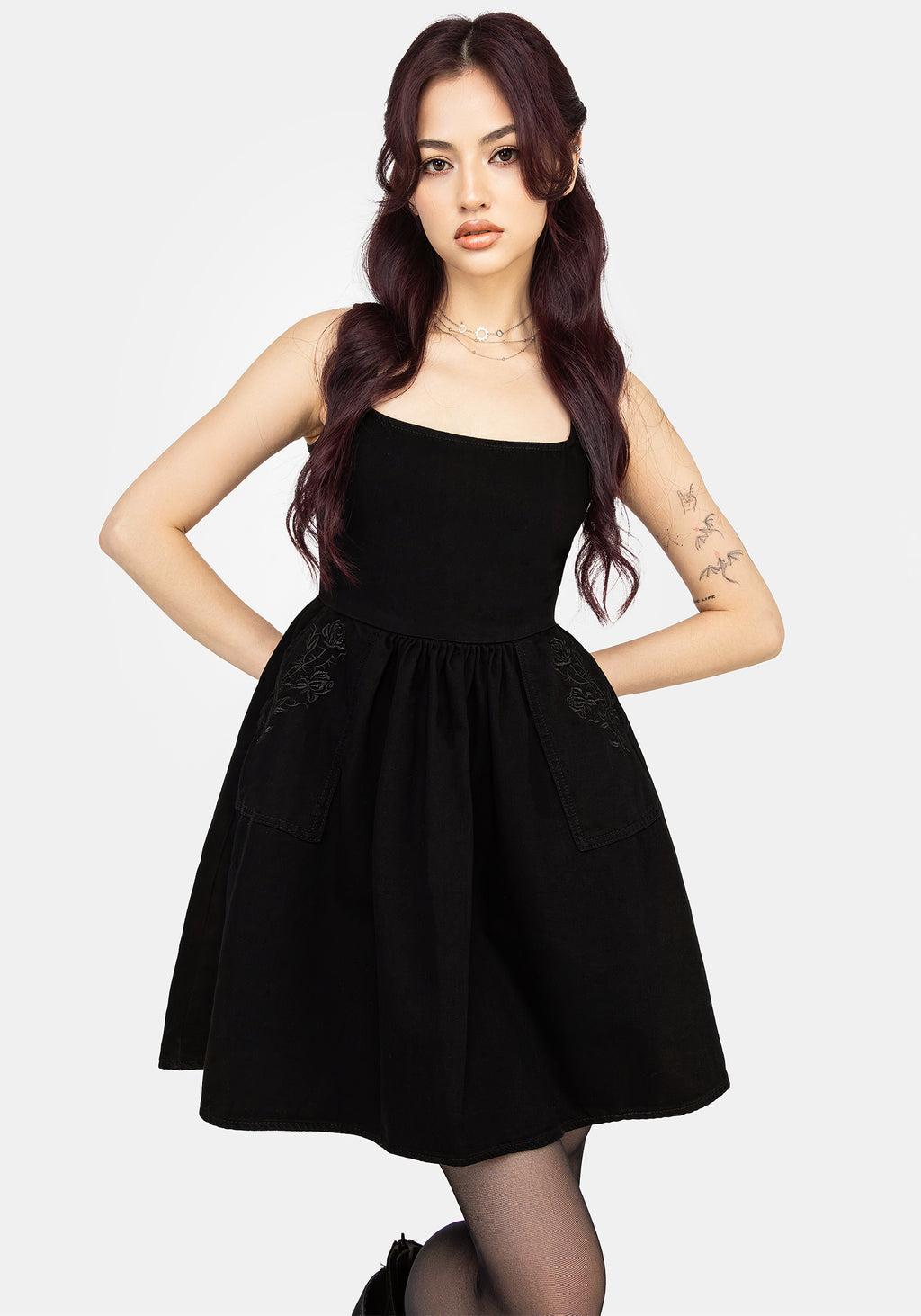 Deadhead Rose Embroidered Denim Mini Smock Dress Product Image