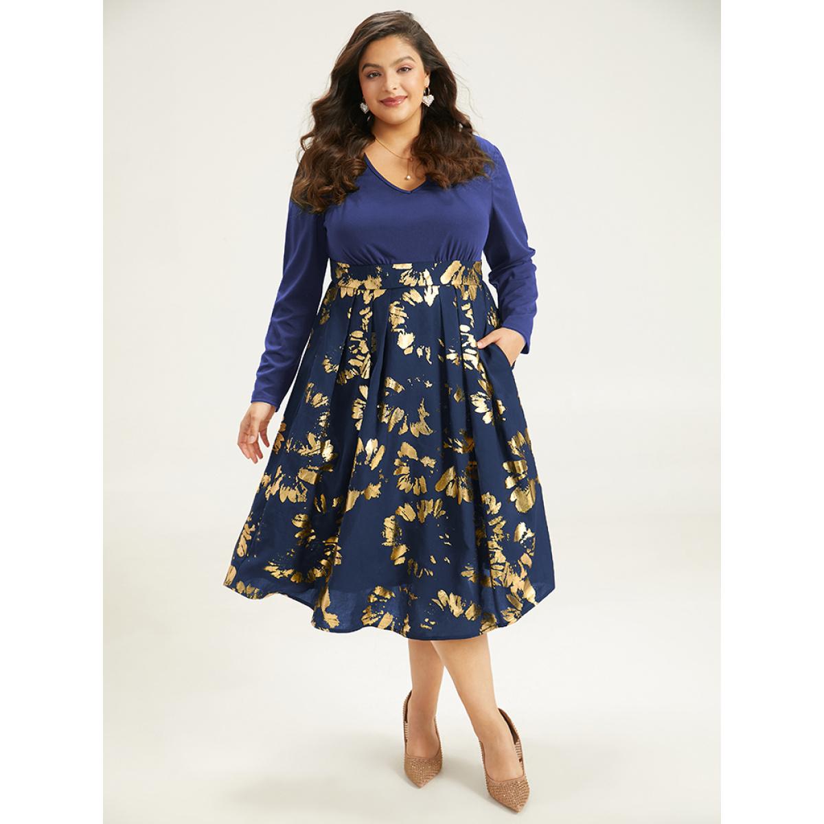 Plus Size Brush Glitter Pocket Patchwork Dress DarkBlue Women Party Printed V-neck Long Sleeve Curvy Midi Dress BloomChic 28/5X Product Image