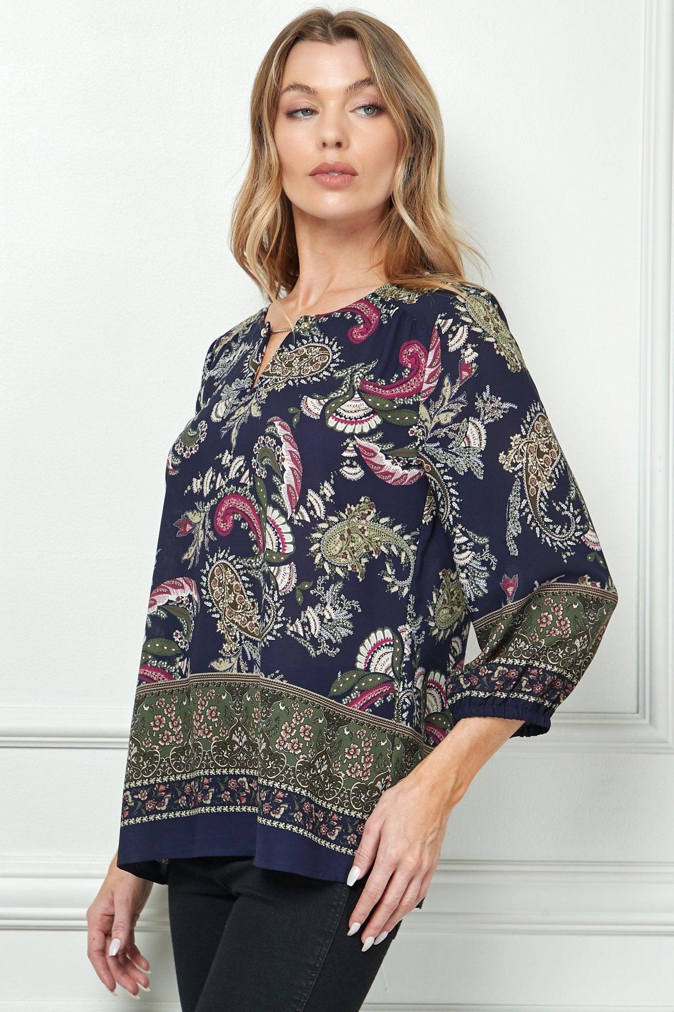 Navy Paisley 3/4 Sleeve Blouse Product Image