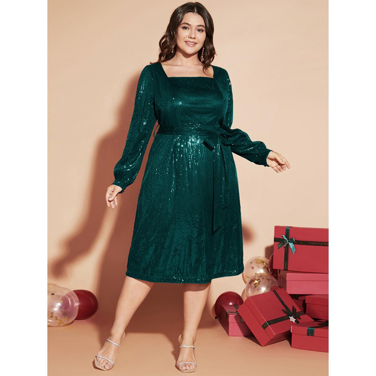 Plus Size Solid Square Neck Lantern Sleeve Belted Sequin Dress DarkGreen Women Party Cross straps Square Neck Long Sleeve Curvy Midi Dress BloomChic 18-20/2X Product Image