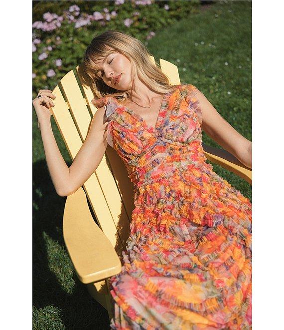 Mac Duggal Mesh Floral Print V-Neck Sleeveless Ruffle A-Line Maxi Dress Product Image