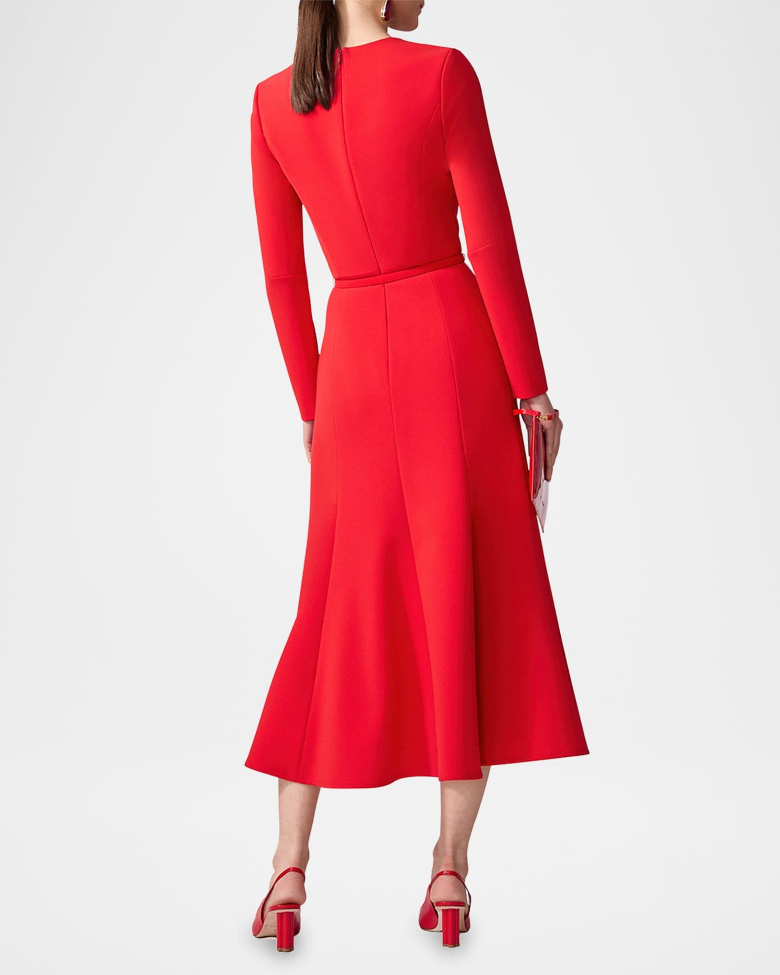 Gathered Neck Belted Long-Sleeve Midi Dress Product Image