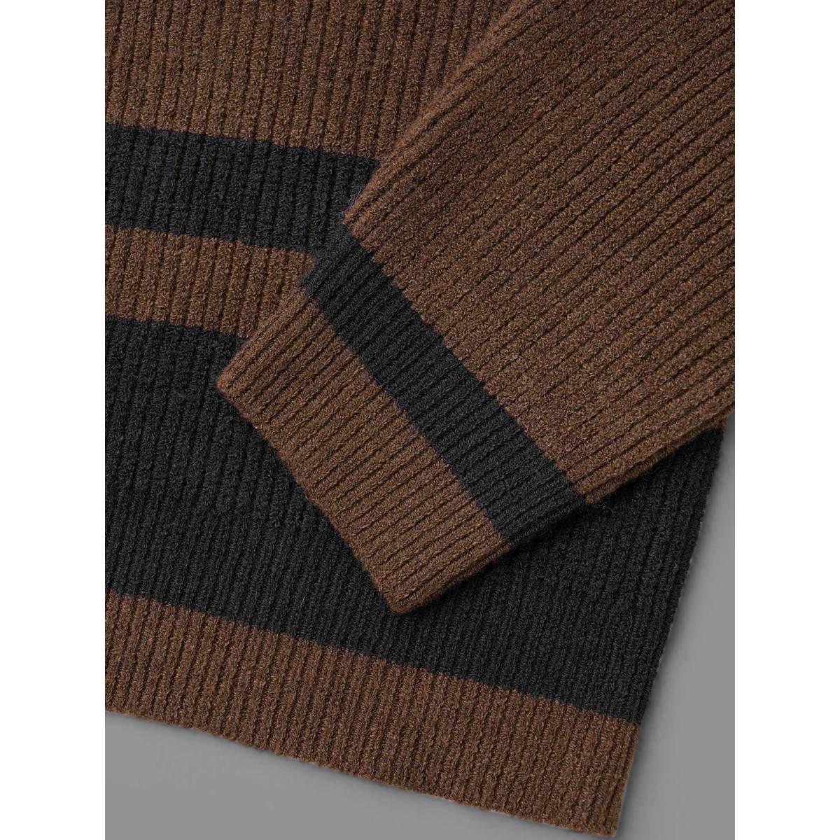 Plus Size Collared Button Front Striped Hem Knit Cardigan DarkBrown Women Casual Loose Long Sleeve Everyday Cardigans BloomChic 26/4X Product Image