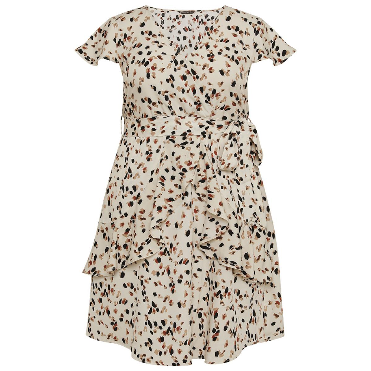 Plus Size Allover Print Belted Ruffles Asymmetrical Layered Hem Dress Apricot Women Elegant Gathered V-neck Cap Sleeve Curvy Knee Dress BloomChic 28/5X Product Image