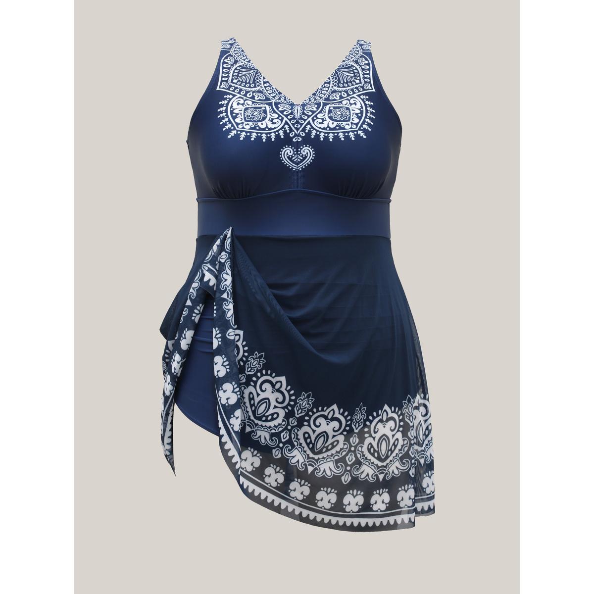 Plus Size Boho Print Mesh V-Neck Swim Dress Women's Swimwear Indigo Beach Bodycon V-neck High stretch Curve Swim Dresses BloomChic 10/M Product Image