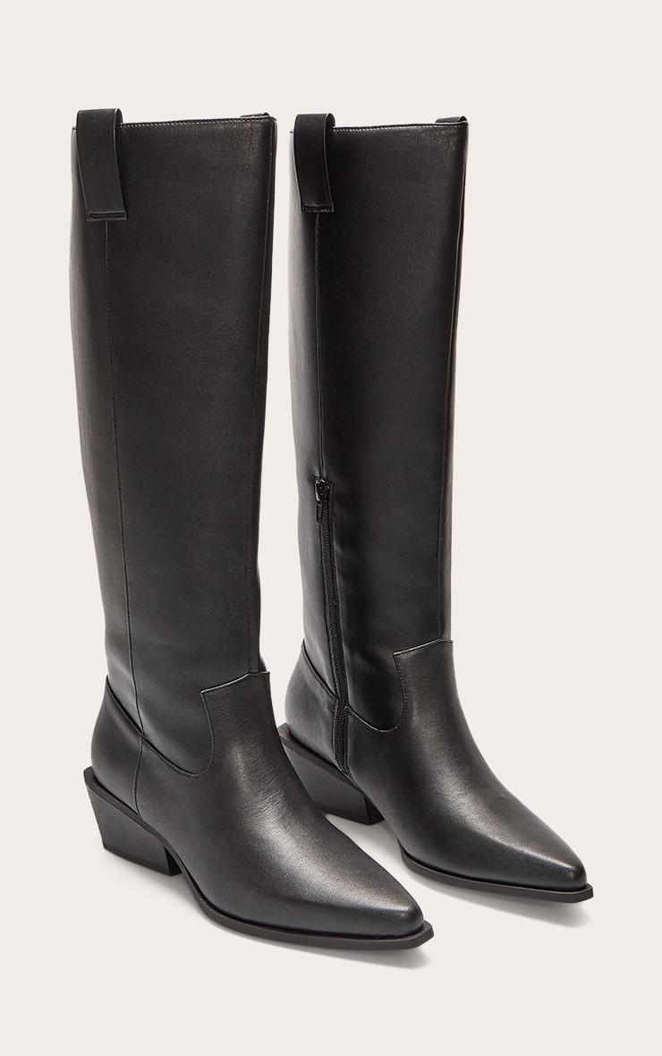 Black Black Pu Point Toe Western Knee High Boots Product Image