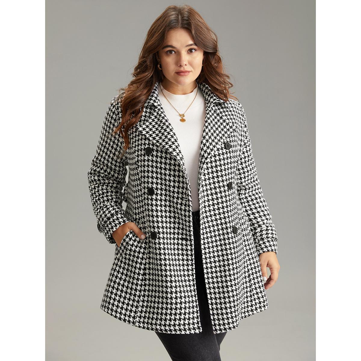 Plus Size Houndstooth Double Breasted Belted Coat Women Black Casual Lined Ladies Dailywear Winter Coats BloomChic 12/L Product Image