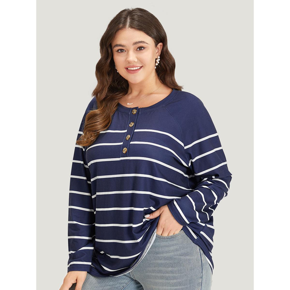 Plus Size Striped Button Up Crew Neck Raglan Sleeve T-shirt Blue Women Casual Button Striped Open Front Dailywear T-shirts BloomChic 10/M Product Image