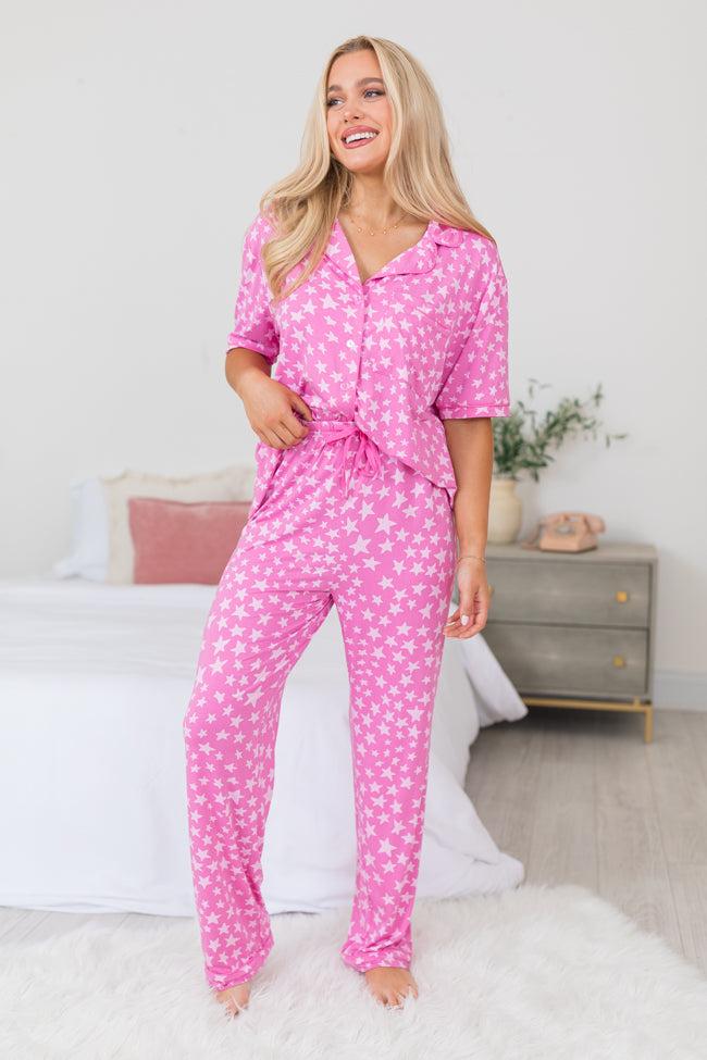 Under The Stars Pink Tonal Stars Short Sleeve Bamboo Pajama Top FINAL SALE Product Image