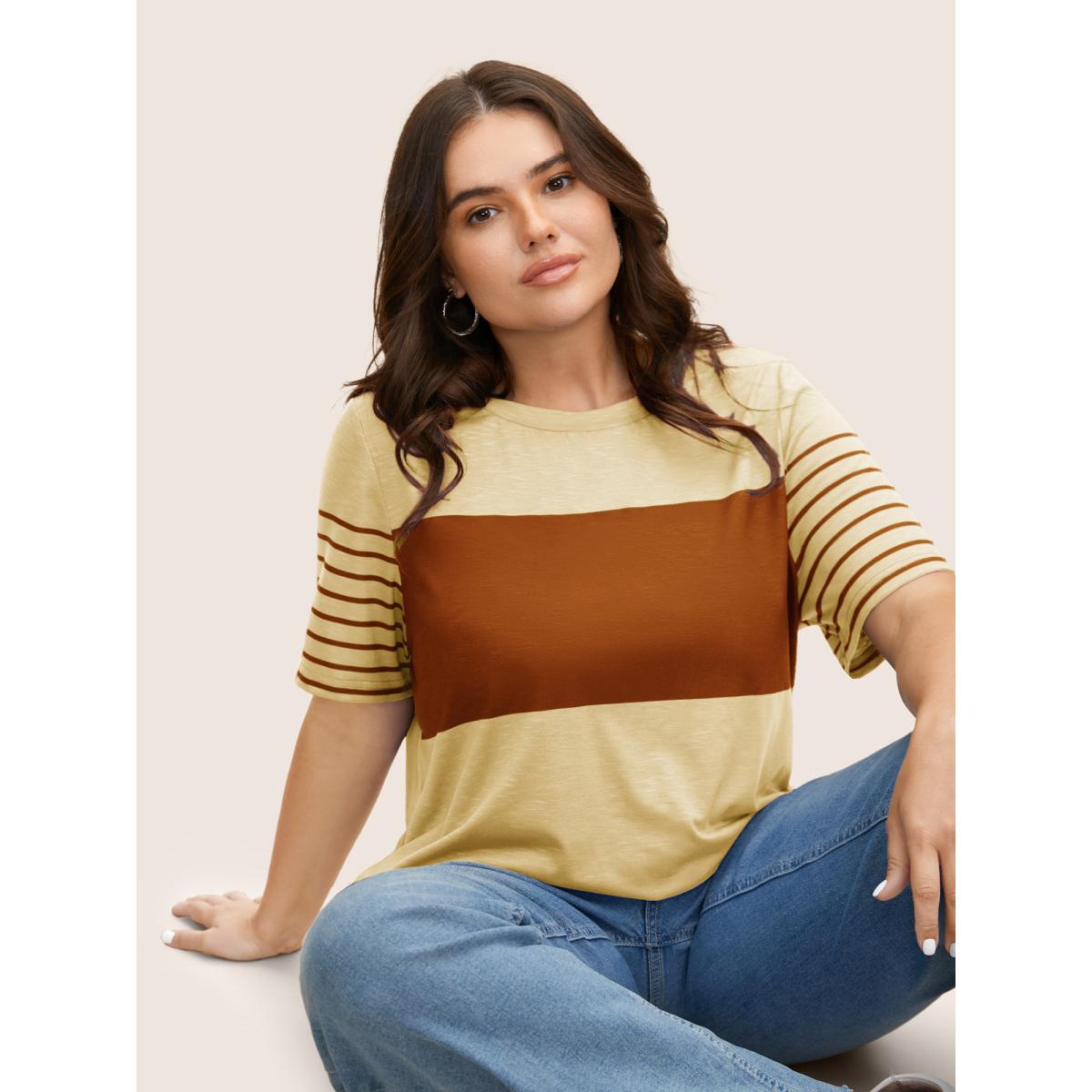 Plus Size Crew Neck Striped Patchwork Contrast T-shirt Beige Women Casual Contrast Art&design Round Neck Everyday T-shirts BloomChic 14-16/1X Product Image
