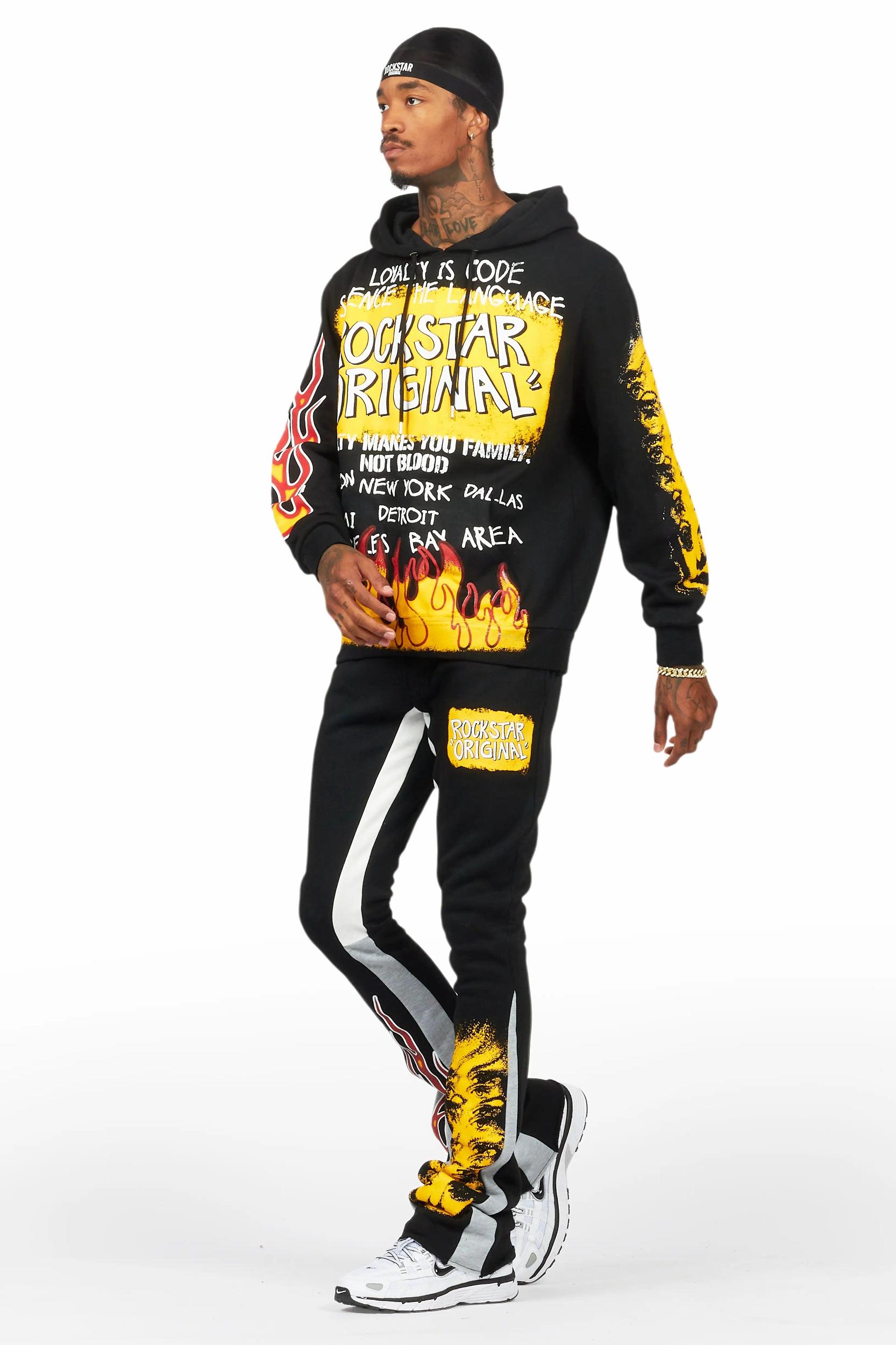 Beno Black/Yellow Stacked Flare Hoodie Track Set Male Product Image