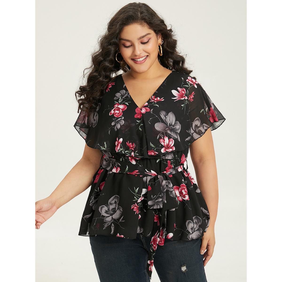 Plus Size Black Floral Split Batwing Sleeve Wrap Mesh Belted Blouse Women Glamour Cap Sleeve Deep V-neck Going out Blouses BloomChic 26/4X Product Image
