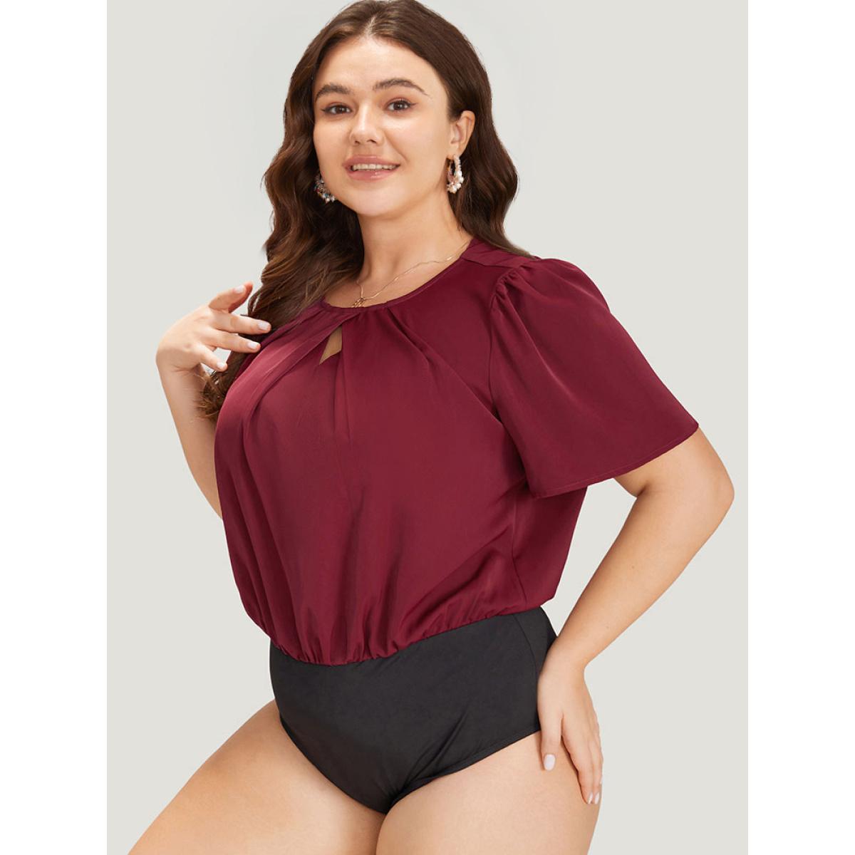 Plus Size Plain Keyhole Plicated Detail Puff Sleeve Bodysuit Women Burgundy Plain Keyhole Bodysuits BloomChic 28/5X Product Image