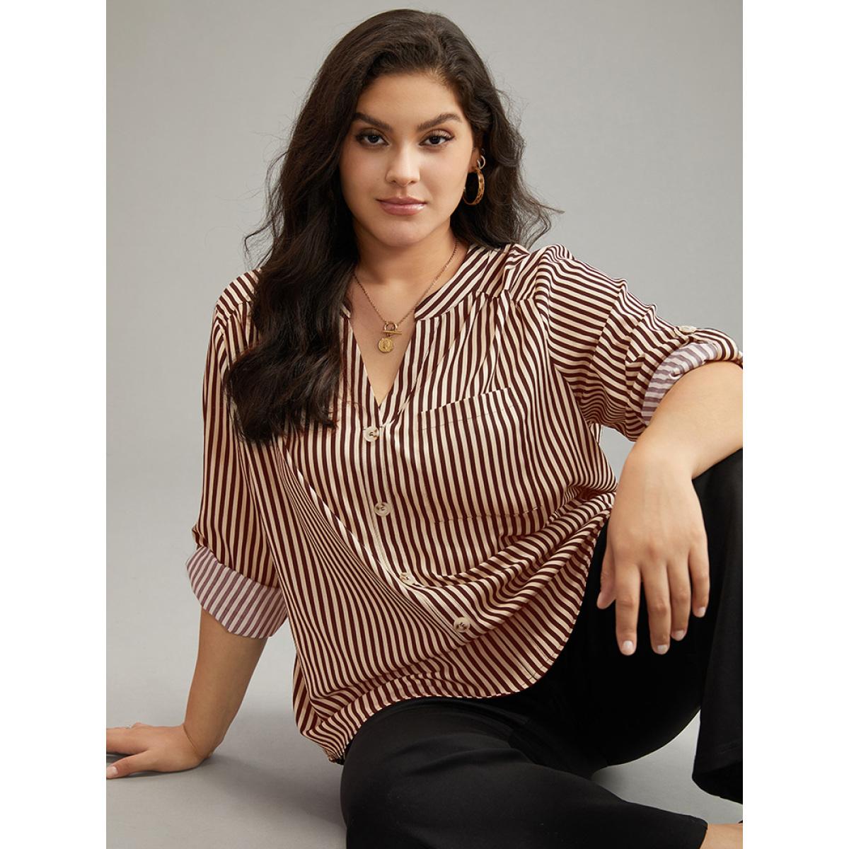 Plus Size Brown Striped Notched Button Through Blouse Women Office Long Sleeve Shirt collar Work Blouses BloomChic 18-20/2X Product Image