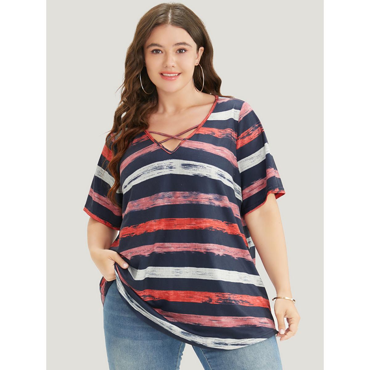 Plus Size Striped Contrast Crisscross Neck T-shirt Midnight Women Casual Striped V-neck Dailywear T-shirts BloomChic 10/M Product Image