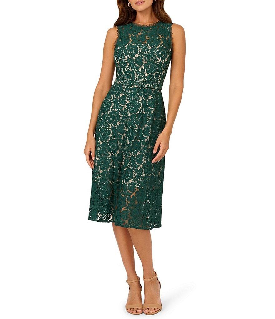 Adrianna Papell Lace Round Neck Sleeveless Knee Length A-Line Dress Product Image