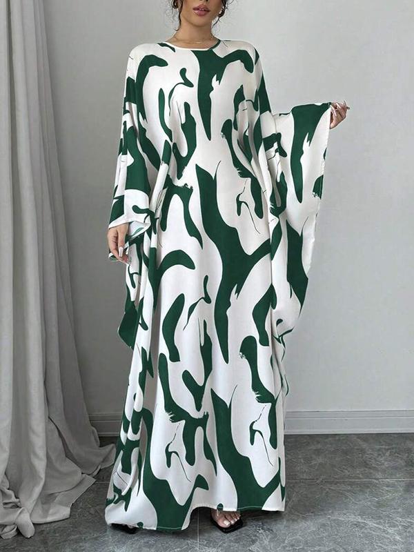 Batwing Sleeves Loose Contrast Color Printed Round-Neck Maxi Dresses Product Image