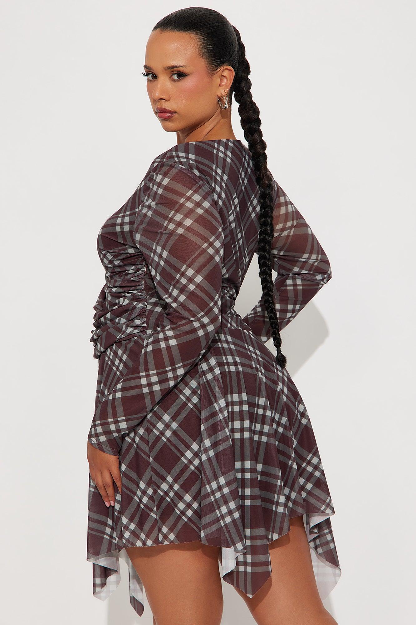 Hallie Asymmetrical Plaid Mini Dress - Brown/combo Female Product Image