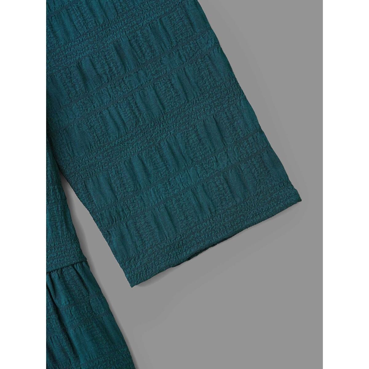 Plus Size Cyan Textured Round Neck Tiered Hem Blouse Women Casual Long Sleeve Round Neck Everyday Blouses BloomChic 28/5X Product Image