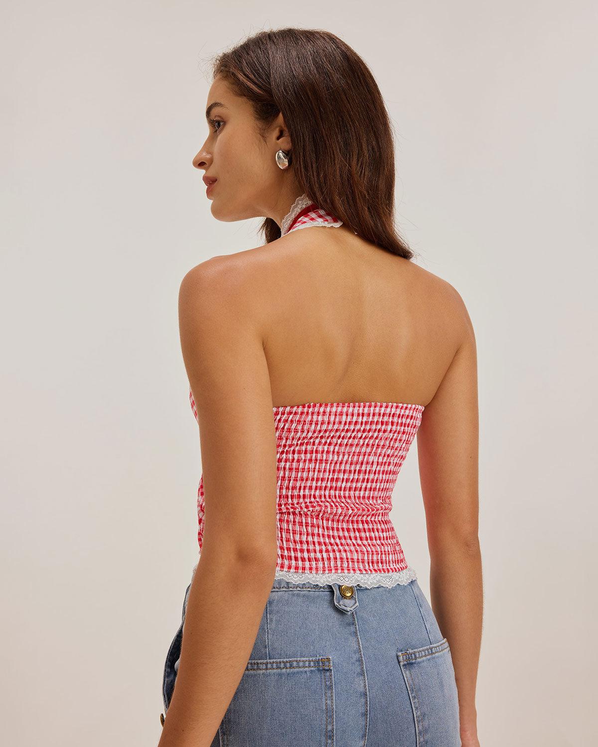 Red Plaid Halter Tank Top Product Image