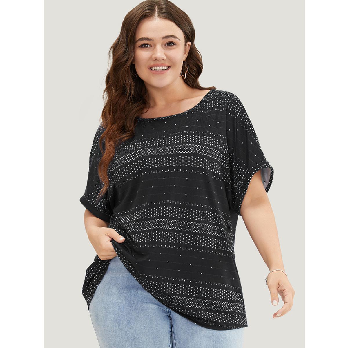 Plus Size Geometric Print Backless Roll Dolman Sleeve T-shirt Black Women Casual Cut-Out Geometric Round Neck Dailywear T-shirts BloomChic 28/5X Product Image