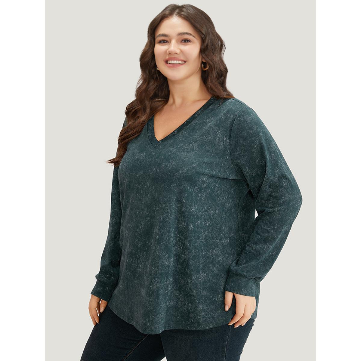 Plus Size Solid Vintage V Neck Sweatshirt Women Cyan Casual Plain V-neck Dailywear Sweatshirts BloomChic 12/L Product Image