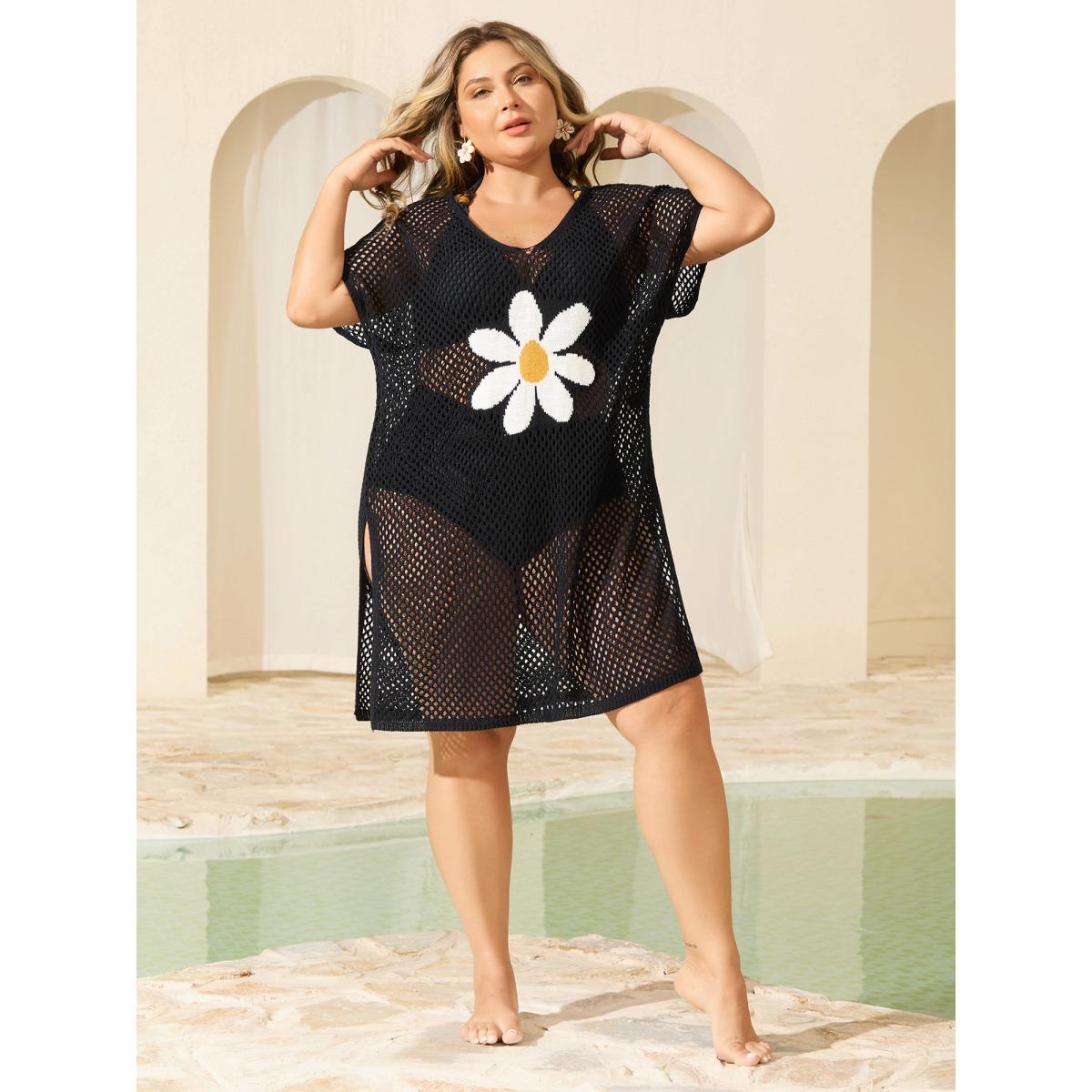 Plus Size Floral Jacquard Pattern Cut-Out Swim Cover-Up Women's Swimwear Black Beach Loose Cut-Out Curve Swim Cover Ups BloomChic 30/6X Product Image