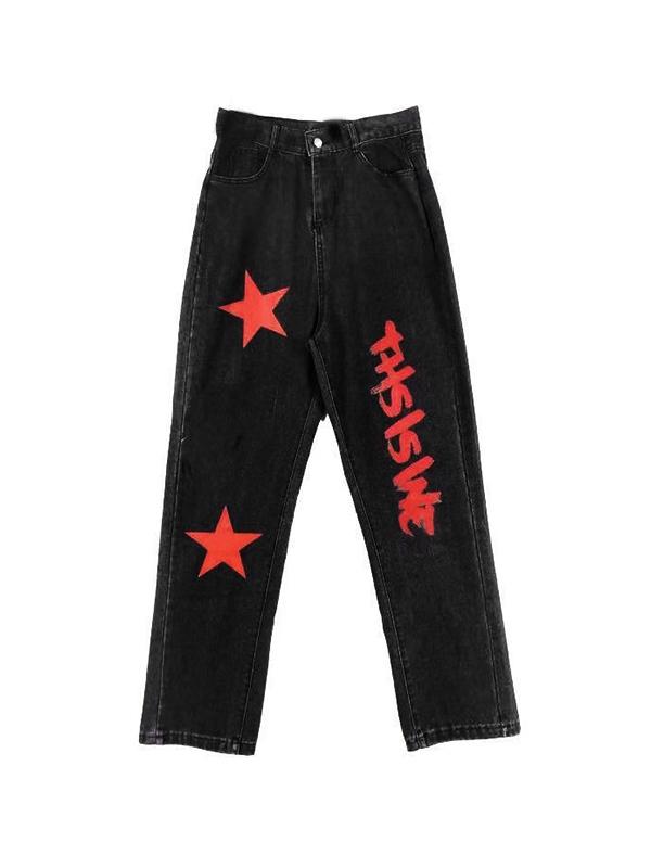 Contrast Color Print High Waist Boyfriend Jeans Product Image