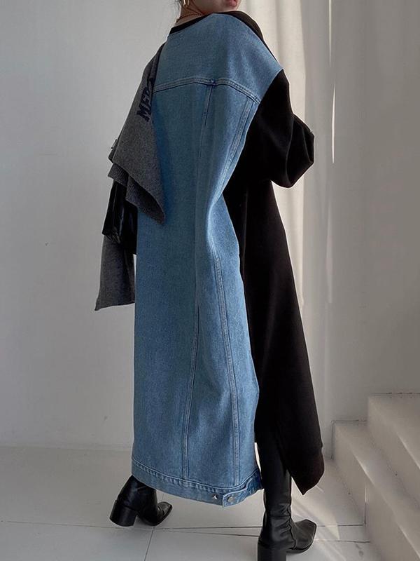 Original Loose Long Sleeves Letter Print Split-Side Split-Joint Round-Neck Midi Dresses Product Image