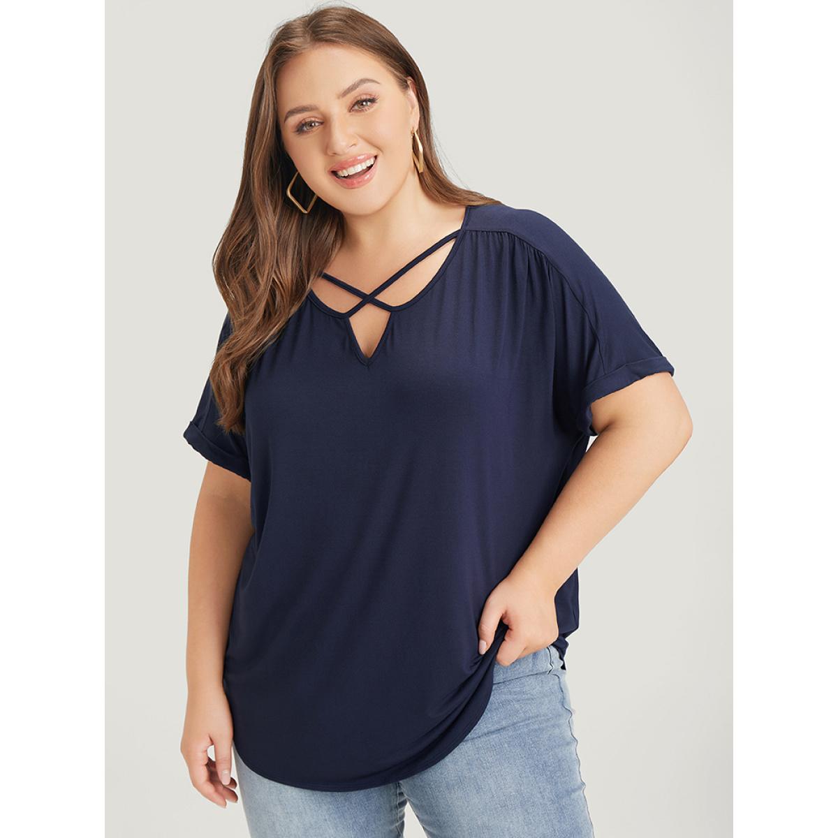 Plus Size Solid Notched Crisscross Roll Batwing Sleeve T-shirt Midnight Women Elegant Arc Hem Plain Notched collar Dailywear T-shirts BloomChic 14-16/1X Product Image