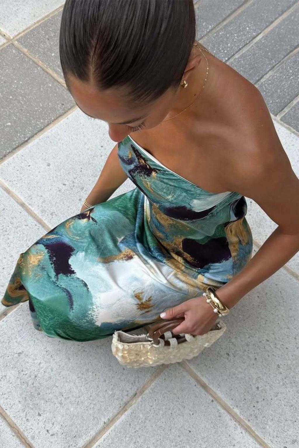 Natalia Blue and Gold Watercolor Strapless Maxi Dress Product Image