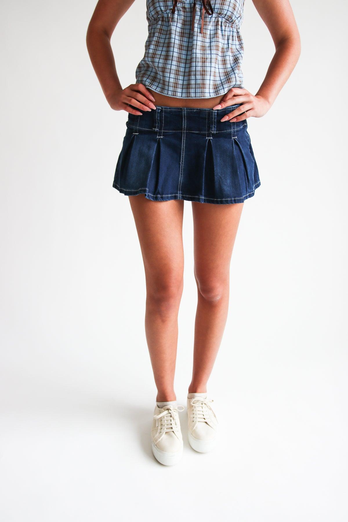Low Rise Denim Pleated Mini Skort Product Image