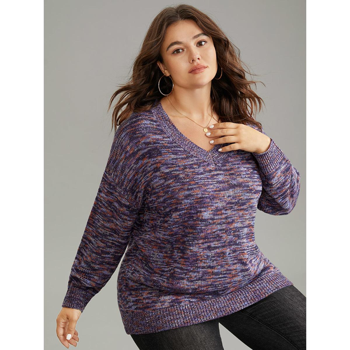 Plus Size Drop Shoulder Ombre Heather Pullover Indigo Women Casual Loose Long Sleeve V-neck Dailywear Pullovers BloomChic 18-20/2X Product Image