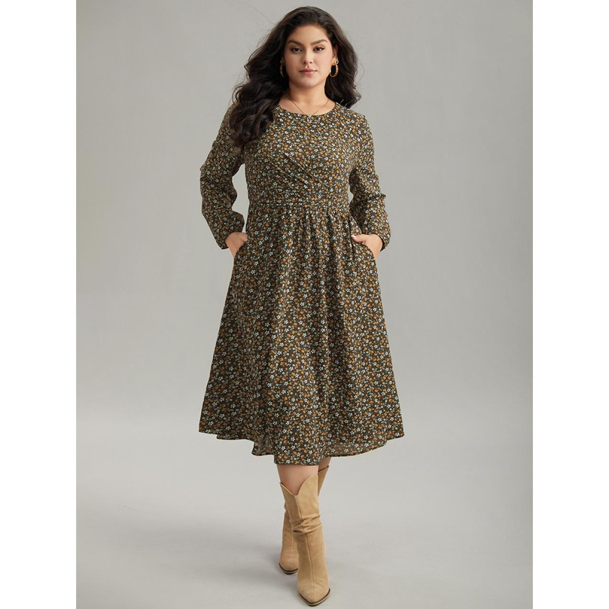 Plus Size Ditsy Floral Pocket Lantern Sleeve Knee Dress Bronze Women Elegant Elastic cuffs Round Neck Long Sleeve Curvy Midi Dress BloomChic 28/5X Product Image