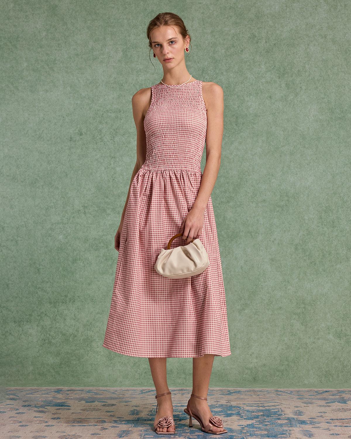 Red Plaid Shirred Sleeveless Midi Dress Product Image