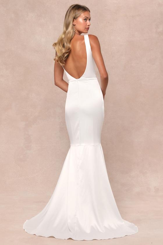Luxe Loveliness White Satin Backless Mermaid Maxi Dress Product Image