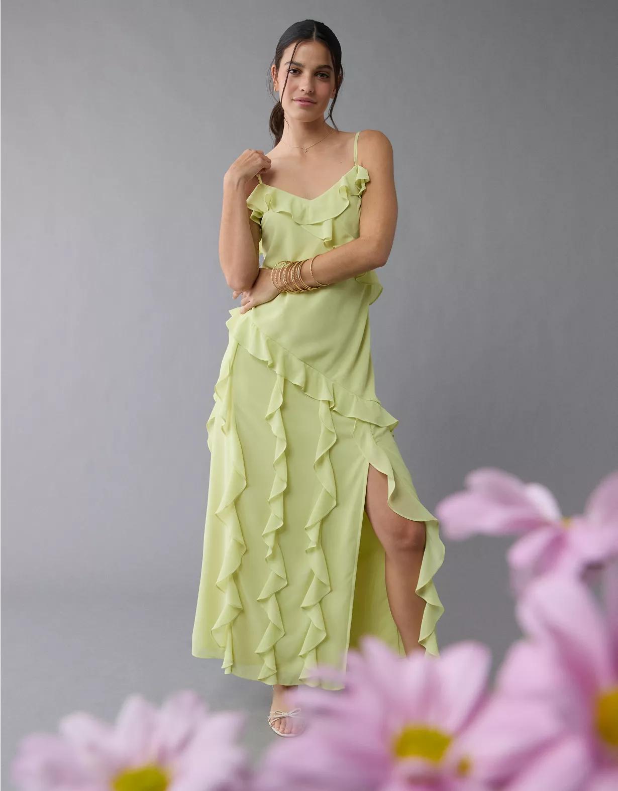 AE Asymmetrical Ruffle Maxi Slip Dress Product Image