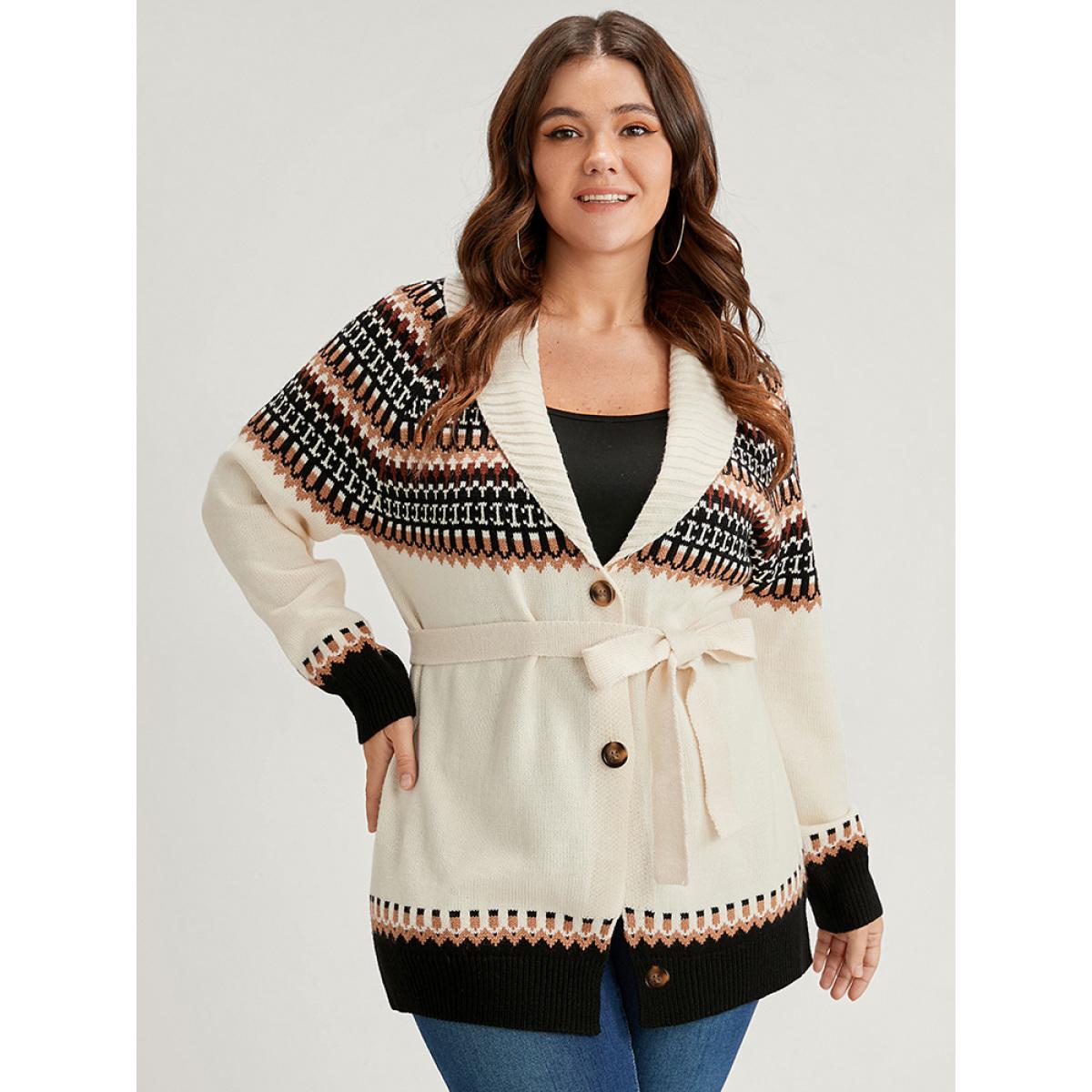 Plus Size Fair Isle Pointelle Knit Belted Jacquard Button Front Cardigan Multicolor Women Casual Loose Long Sleeve Dailywear Cardigans BloomChic 22-24/3X Product Image