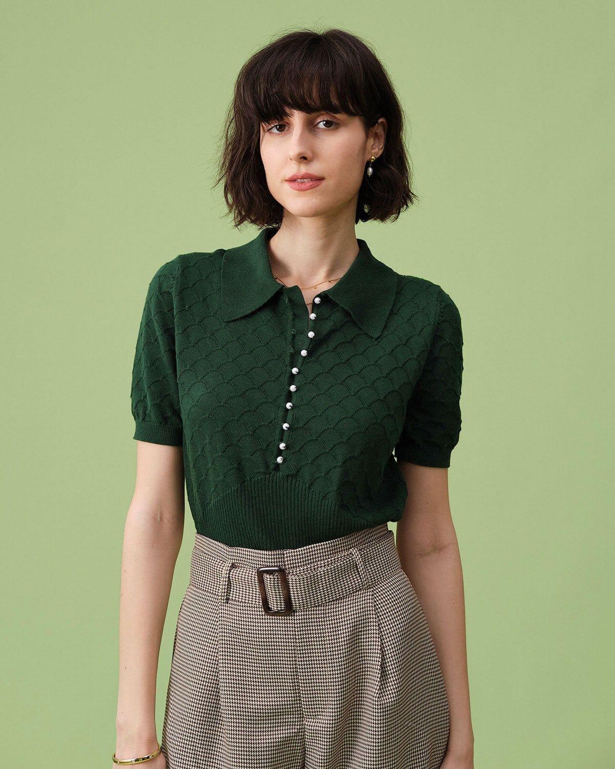 The Green Short Sleeve Textured Lapel Knit Tee Female Product Image