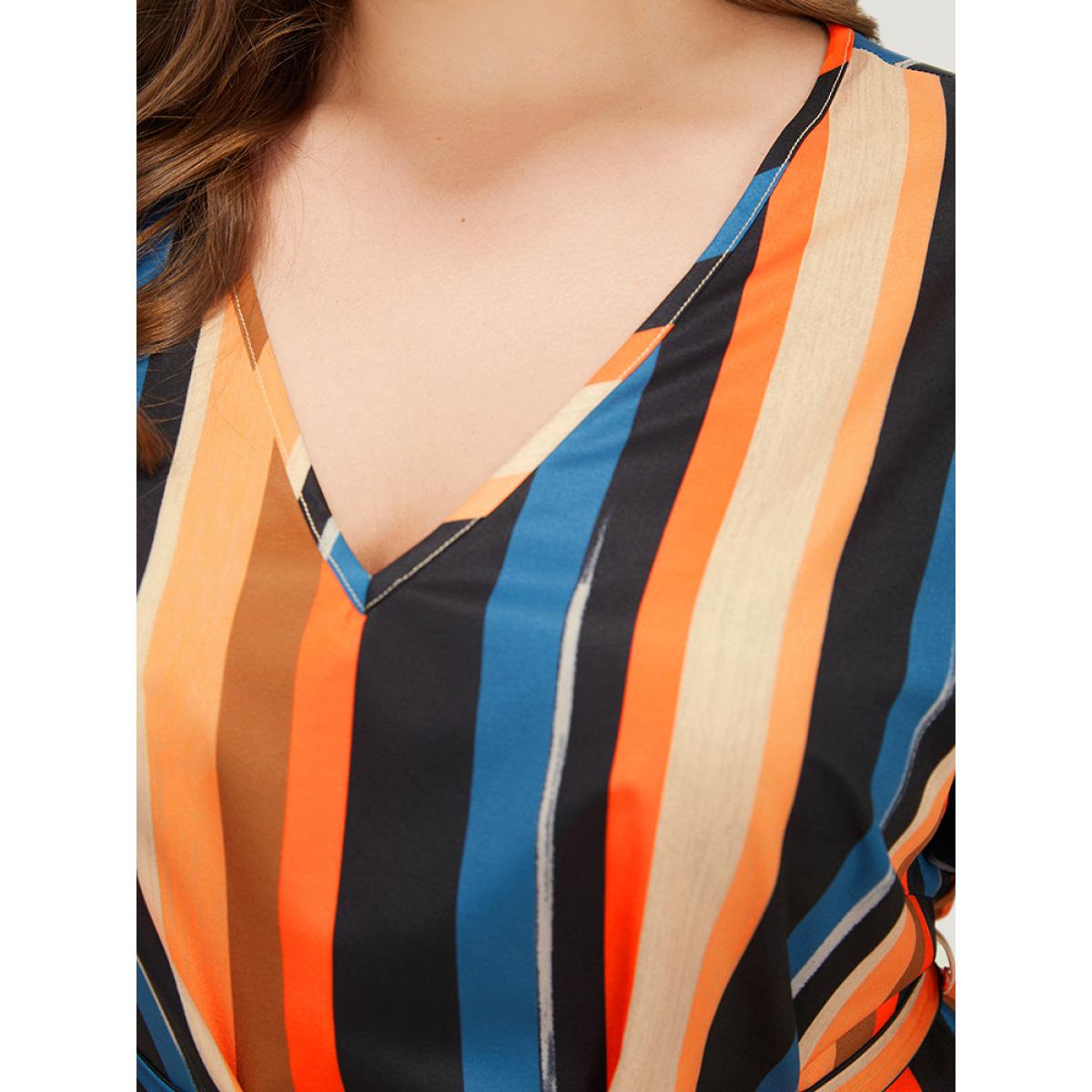Plus Size Rainbow Striped Batwing Sleeve Pocket Belt Dress Multicolor Women Vacation Contrast V-neck Short sleeve Curvy Knee Dress BloomChic 30/6X Product Image