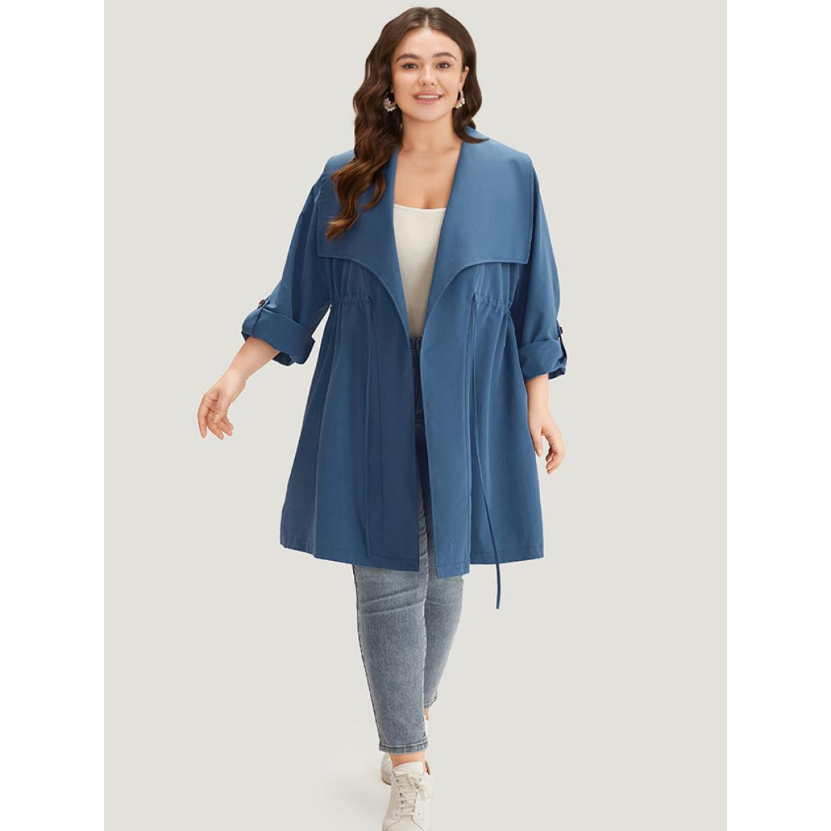 Plus Size Plain Drawstring Pocket Lapel Collar Tab Sleeve Coat Women DarkBlue Office Plain Plain 26/4X Pocket Work From Home Trench Coats BloomChic Product Image