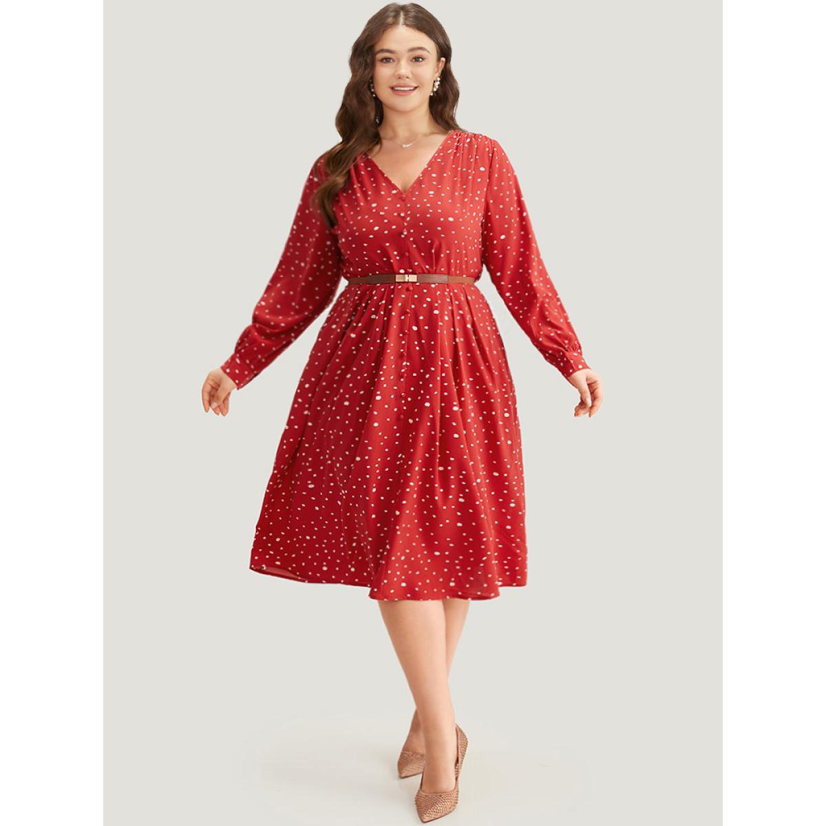 Plus Size Polka Dot Button Detail Pleated Dress Crimson Women Elegant Printed V-neck Long Sleeve Curvy Midi Dress BloomChic 26/4X Product Image