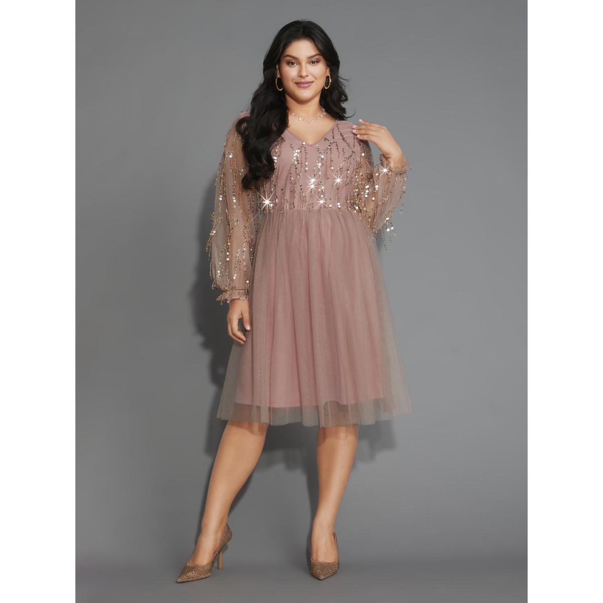 Plus Size Sequin Mesh Patchwork Tassel Dress DustyPink Women Cocktail Gathered Overlap Collar Long Sleeve Curvy Knee Dress BloomChic 26/4X Product Image