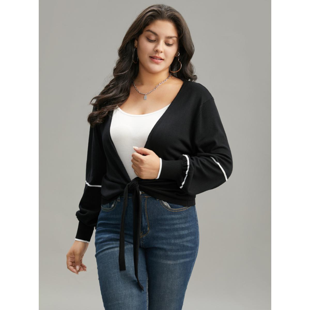 Plus Size Supersoft Essentials Striped Contrast Ties Lantern Sleeve Cardigan Black Women Casual Loose Long Sleeve Dailywear Cardigans BloomChic 14-16/1X Product Image