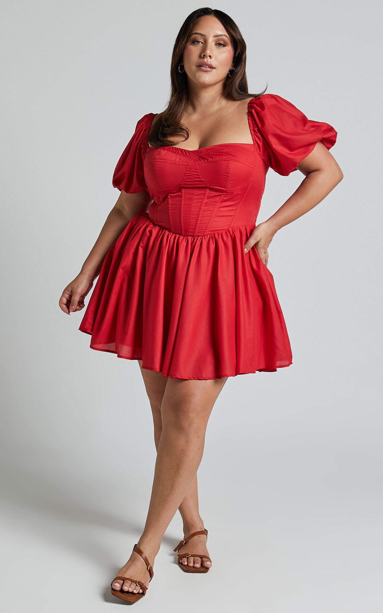 Souza Mini Dress - Fit and Flare Puff Sleeve Corset Dress in Red Product Image