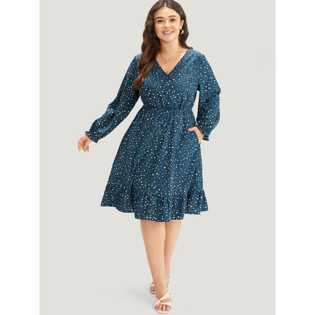 Plus Size Polka Dot Overlap Collar Flutter Trim Dress Aegean Women Elegant Elastic cuffs V-neck Long Sleeve Curvy Midi Dress BloomChic 12/L Product Image