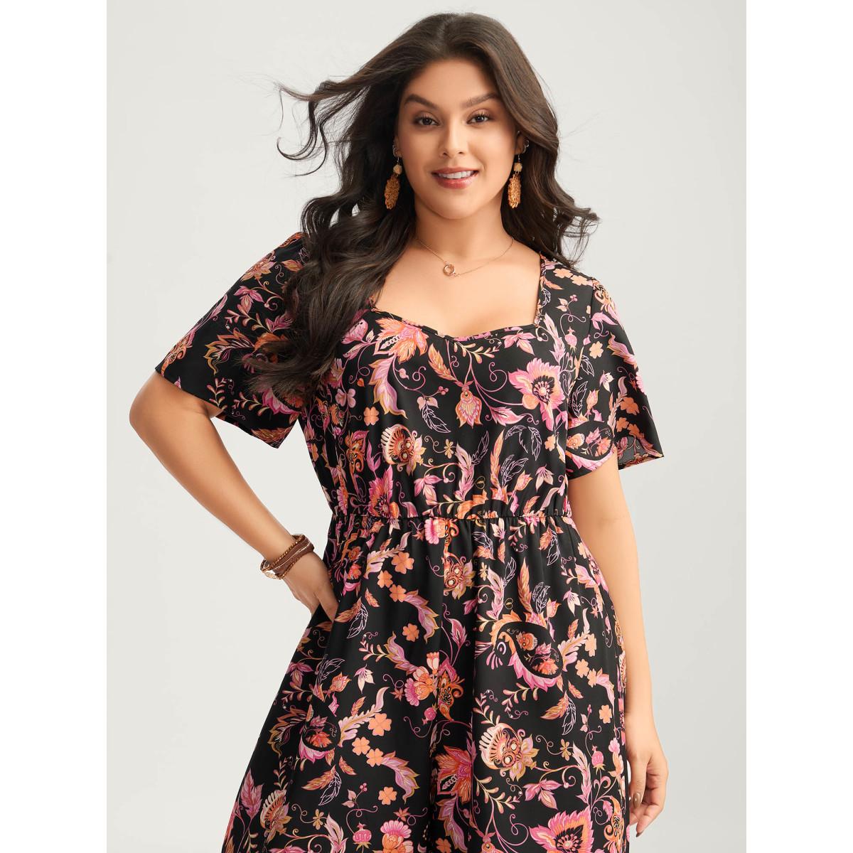 Plus Size Black Floral Print Square Neck Pockets Jumpsuit Women Boho Short sleeve Heart neckline Vacation Loose Jumpsuits BloomChic 18-20/2X Product Image