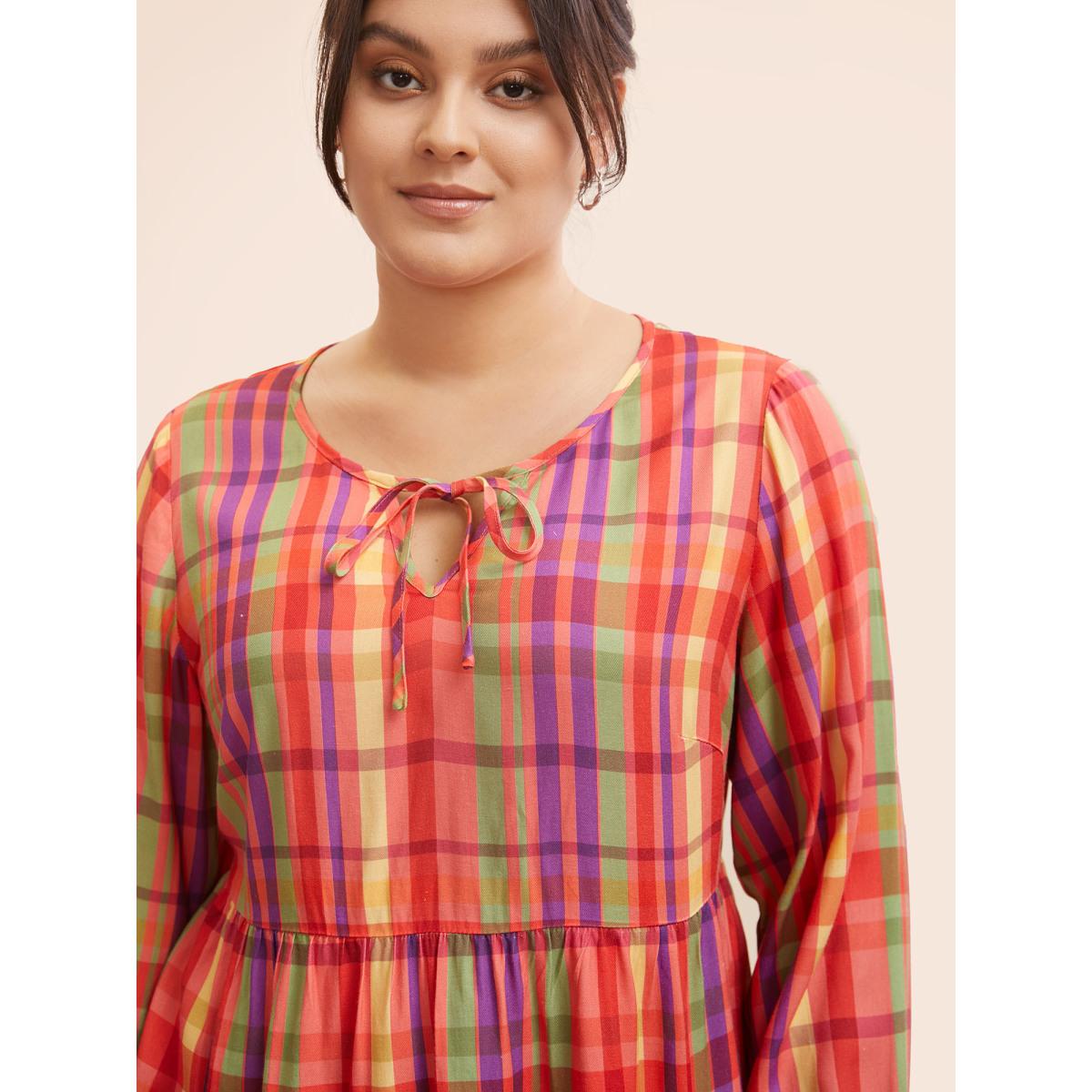 Plus Size Multicolor Colored Plaid Tie Knot Ruffle Hem Blouse Women Casual Long Sleeve Notched collar Everyday Blouses BloomChic 28/5X Product Image