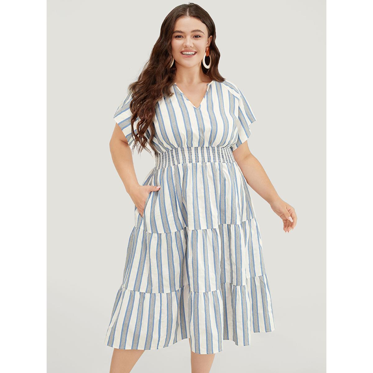 Plus Size Striped Contrast Pocket Shirred Flutter Tiered Dress Blue Women Resort Non V-neck Short sleeve Curvy Midi Dress BloomChic 10/M Product Image