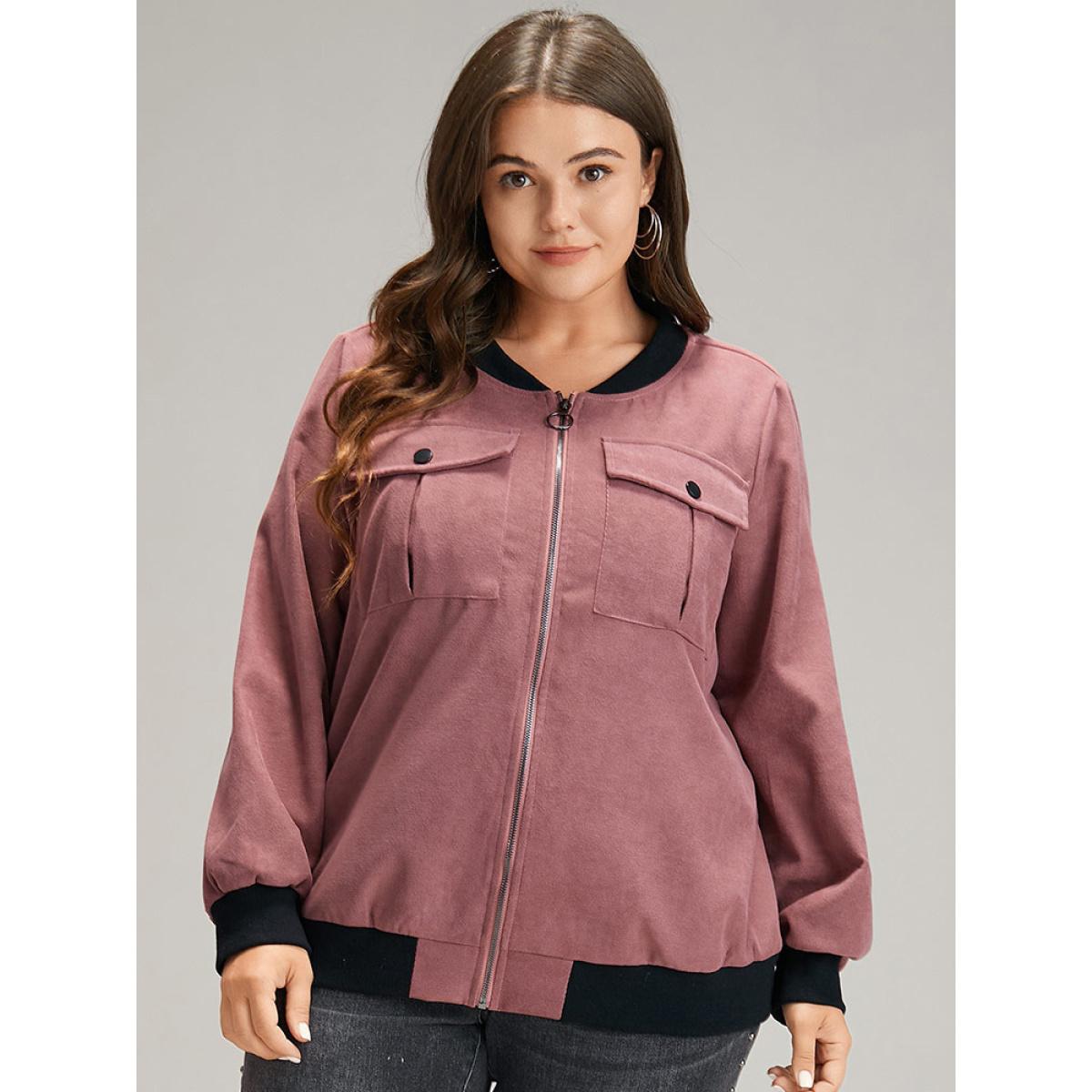 Plus Size Patchwork Contrast Pocket Zipper Button Detail Jacket Women DustyPink Elastic cuffs Pocket Dailywear Jackets BloomChic 26/4X Product Image